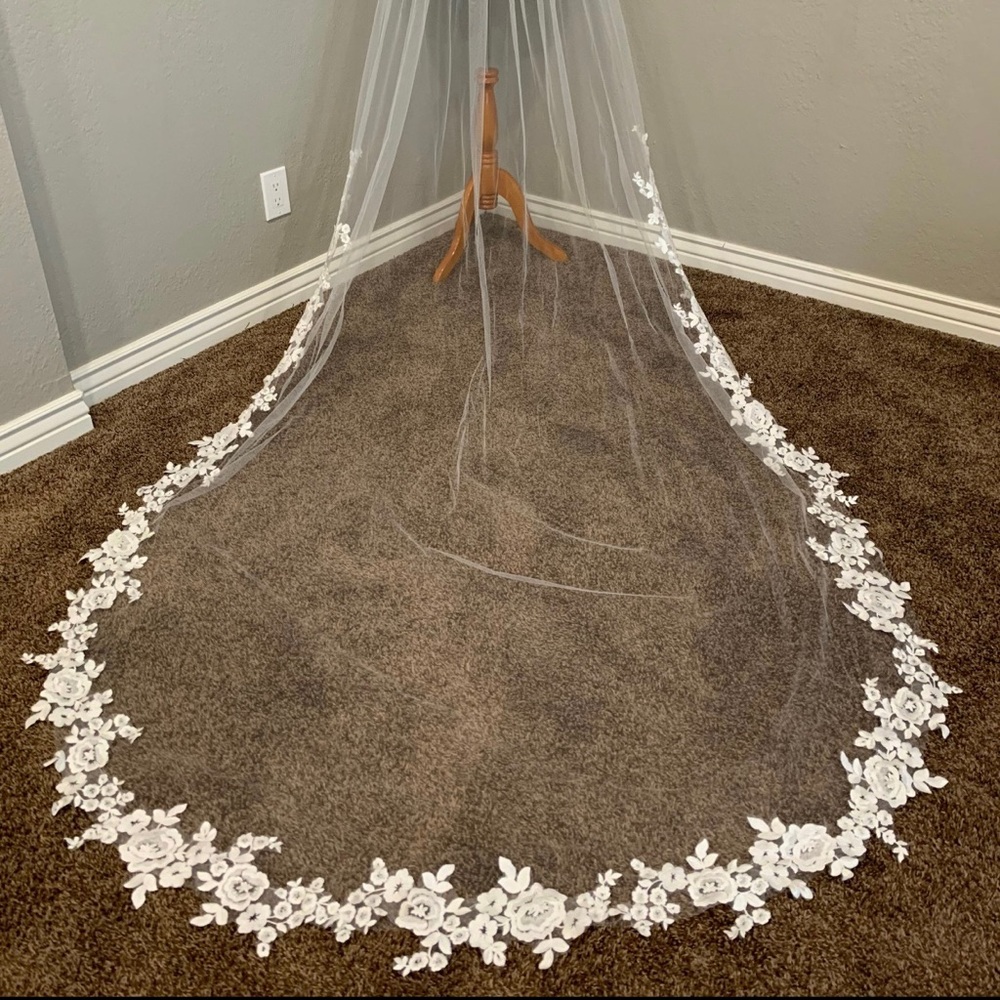 Beautiful Cathedral Length Veil. Custom made added 3D chiffon flowers